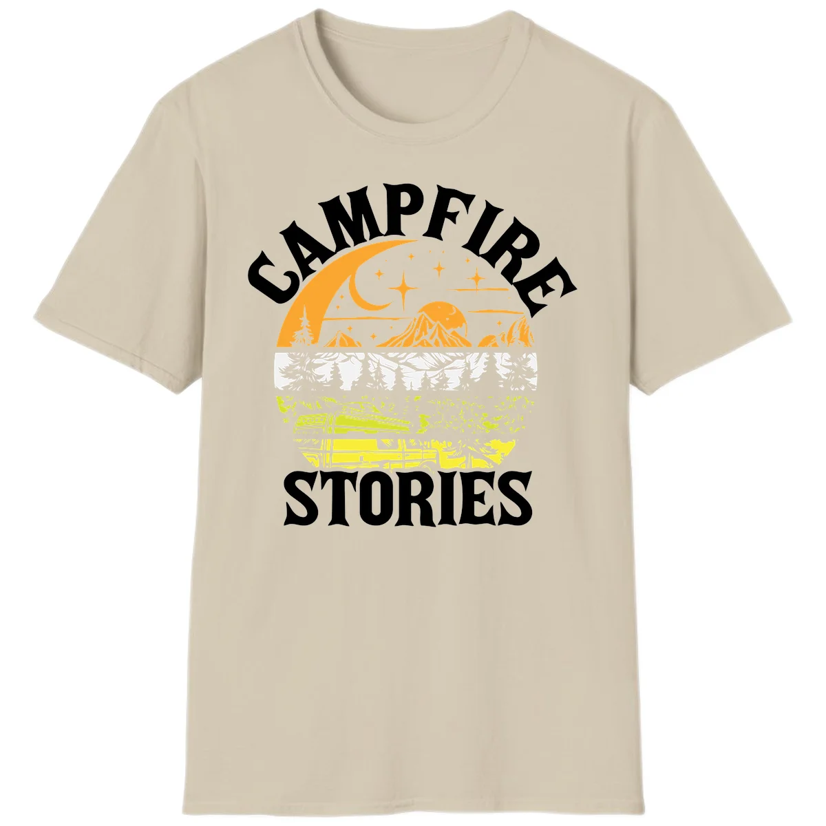 Campfire stories night design with layered mountains, forest, and starry sky with lantern and moon in Sand