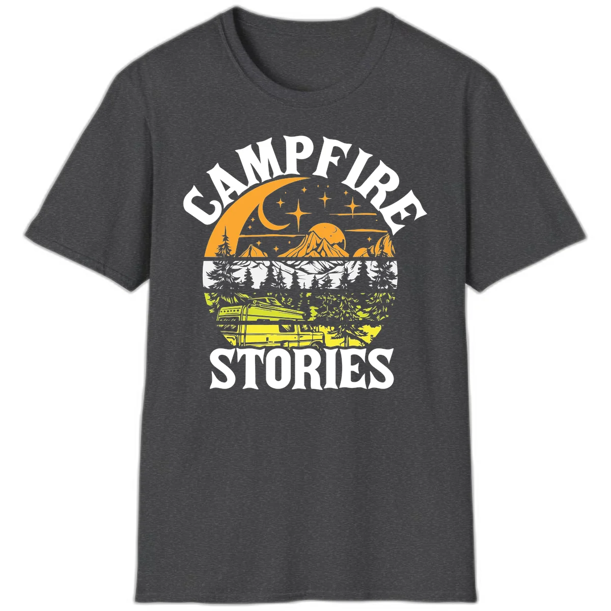 Campfire stories night design with layered mountains, forest, and starry sky with lantern and moon in Dark Heather