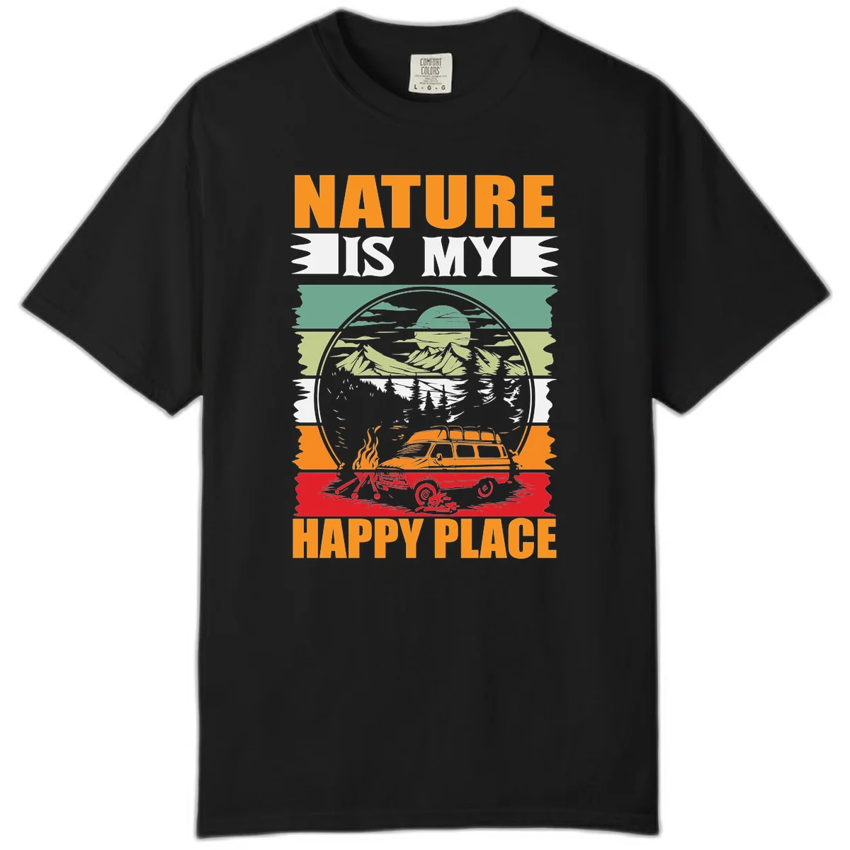 Vintage station wagon with campfire surrounded by layered mountains, forests, and sun in circular badge design with 'Nature Is My Happy Place' text in Black