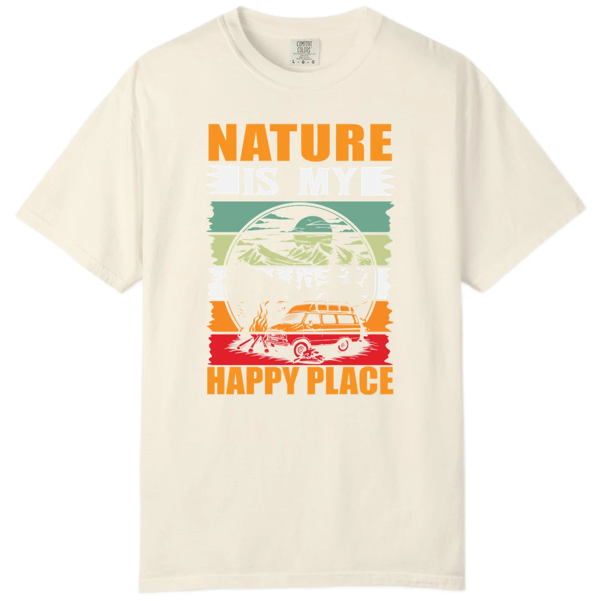 Vintage station wagon with campfire surrounded by layered mountains, forests, and sun in circular badge design with 'Nature Is My Happy Place' text in Ivory