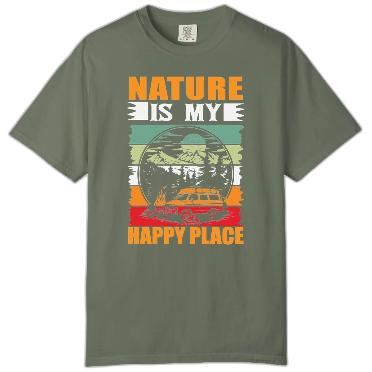 Vintage station wagon with campfire surrounded by layered mountains, forests, and sun in circular badge design with 'Nature Is My Happy Place' text in Moss