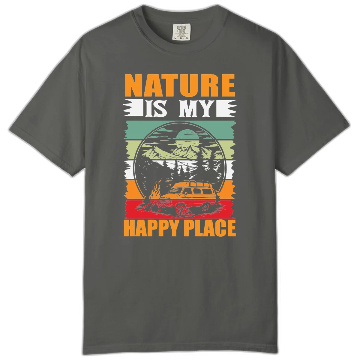 Vintage station wagon with campfire surrounded by layered mountains, forests, and sun in circular badge design with 'Nature Is My Happy Place' text in Pepper