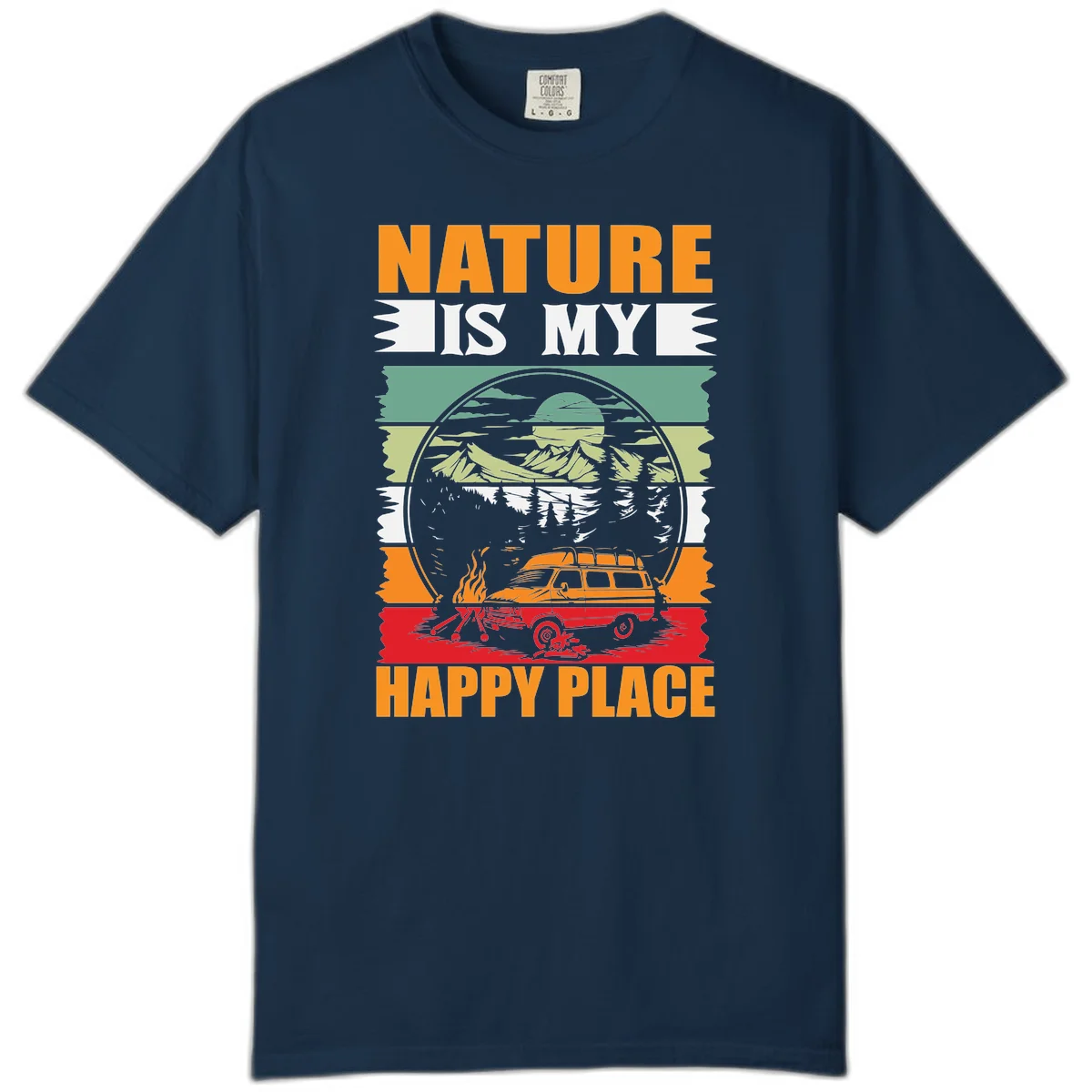 Vintage station wagon with campfire surrounded by layered mountains, forests, and sun in circular badge design with 'Nature Is My Happy Place' text in True Navy