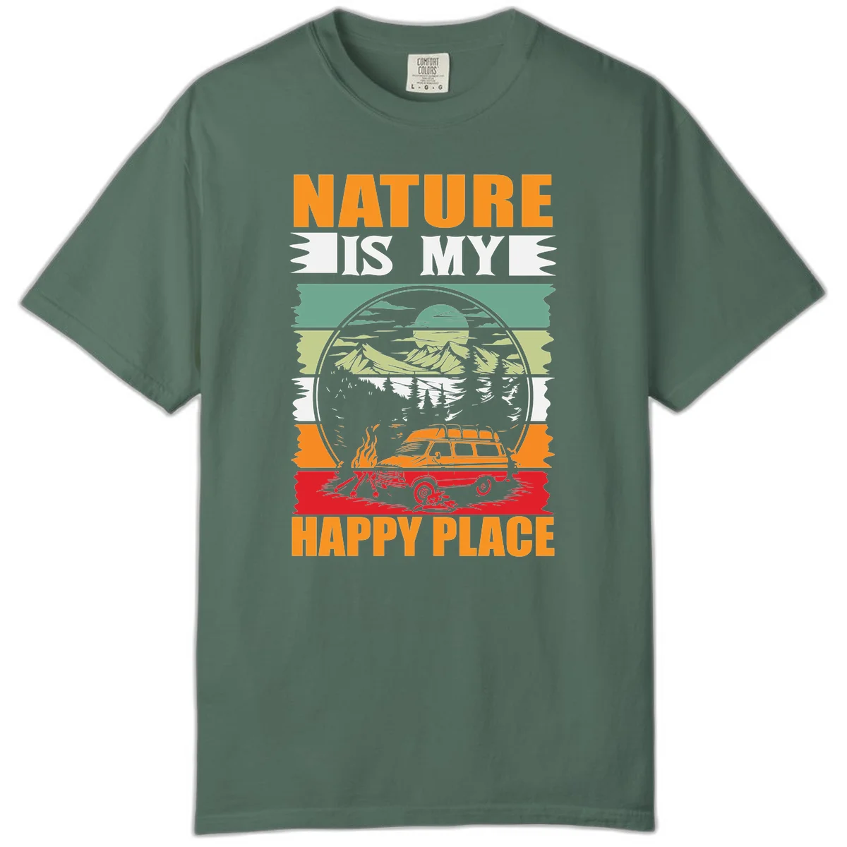 Vintage station wagon with campfire surrounded by layered mountains, forests, and sun in circular badge design with 'Nature Is My Happy Place' text in Blue Spruce
