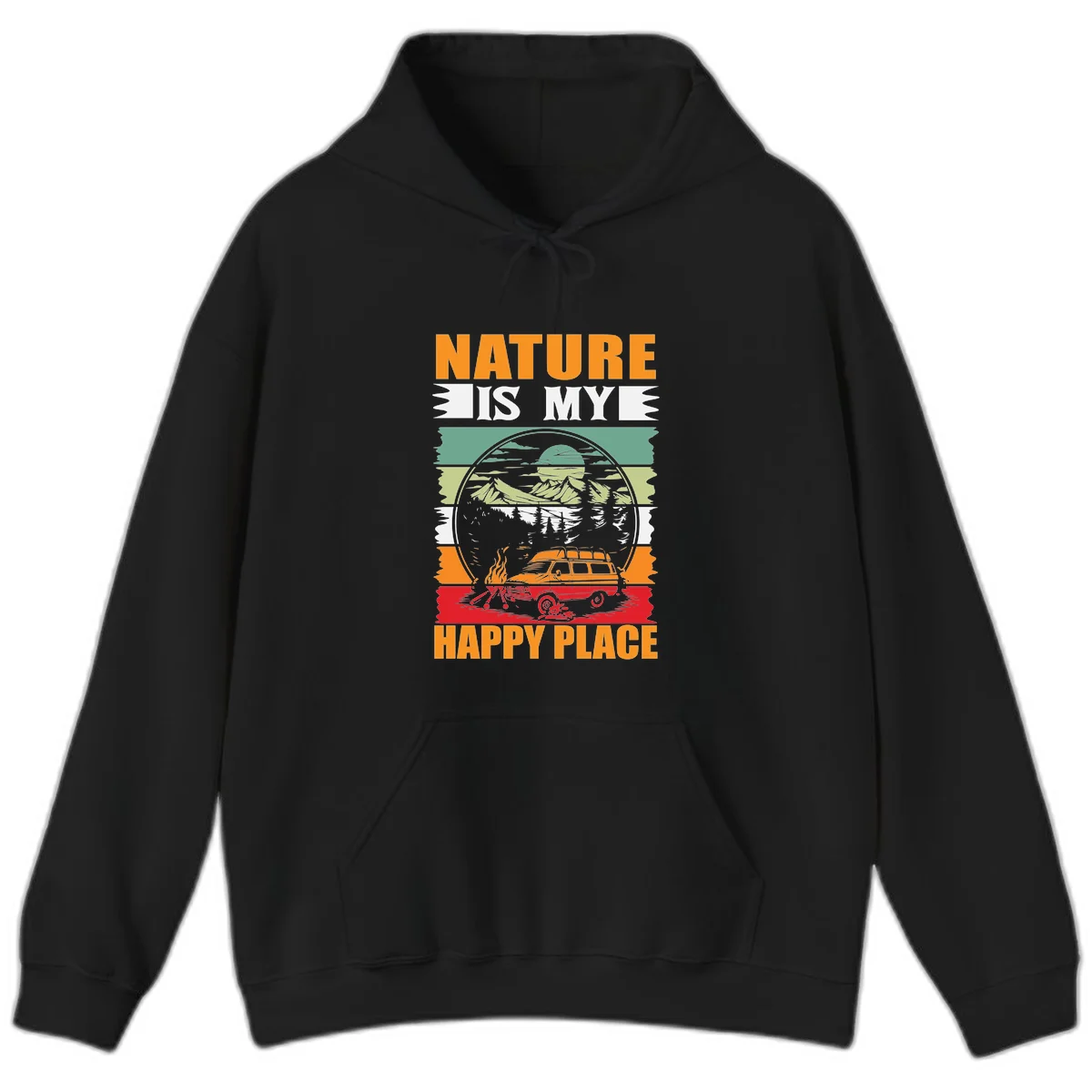 Vintage station wagon with campfire surrounded by layered mountains, forests, and sun in circular badge design with 'Nature Is My Happy Place' text in Black