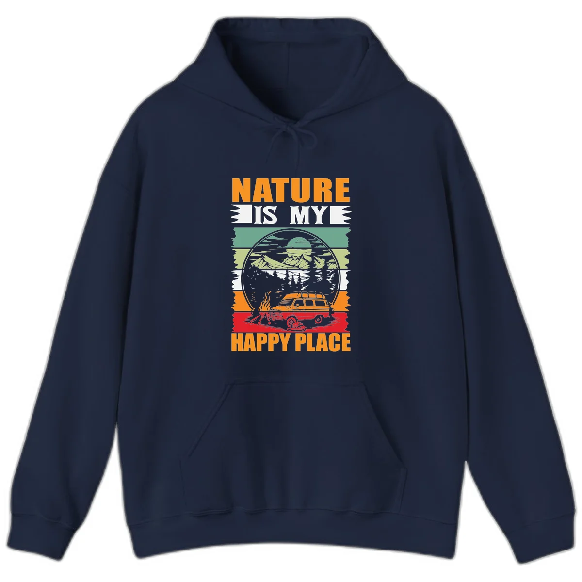 Vintage station wagon with campfire surrounded by layered mountains, forests, and sun in circular badge design with 'Nature Is My Happy Place' text in Navy