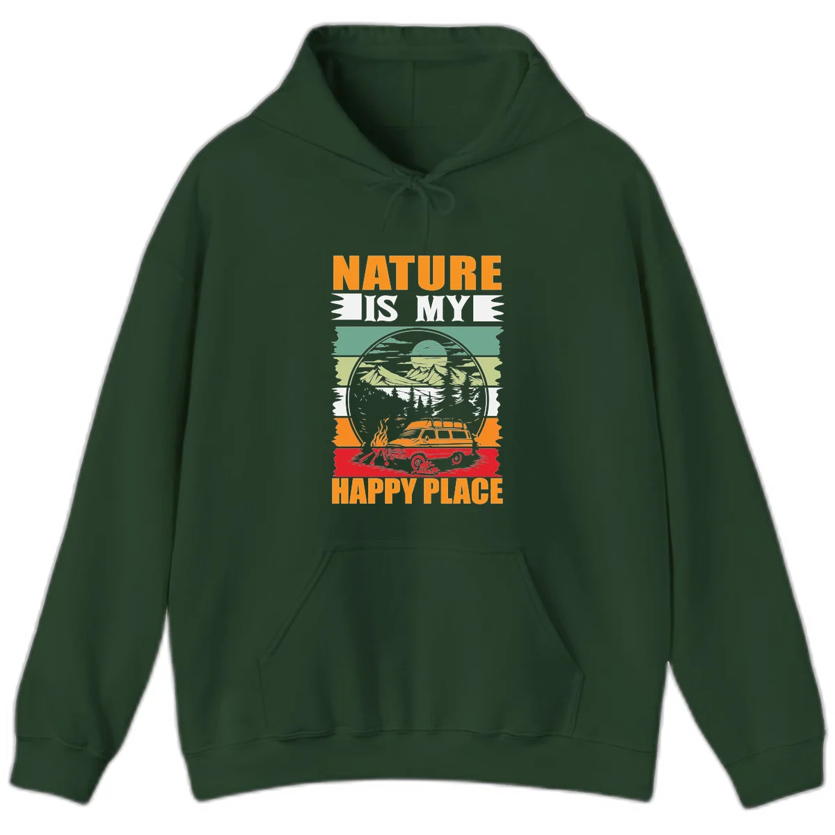 Vintage station wagon with campfire surrounded by layered mountains, forests, and sun in circular badge design with 'Nature Is My Happy Place' text in Forest Green