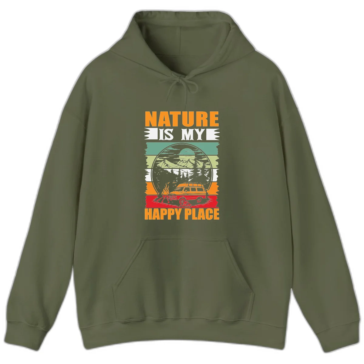 Vintage station wagon with campfire surrounded by layered mountains, forests, and sun in circular badge design with 'Nature Is My Happy Place' text in Military Green