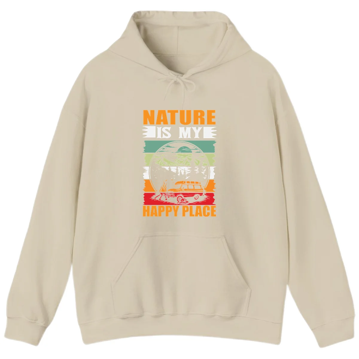 Vintage station wagon with campfire surrounded by layered mountains, forests, and sun in circular badge design with 'Nature Is My Happy Place' text in Sand