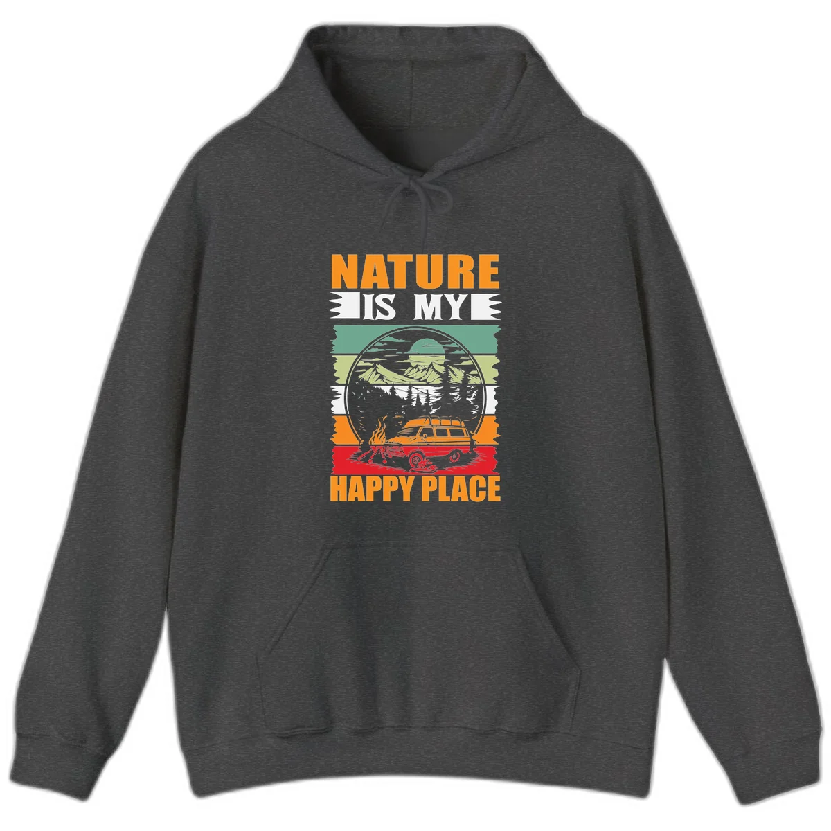 Vintage station wagon with campfire surrounded by layered mountains, forests, and sun in circular badge design with 'Nature Is My Happy Place' text in Dark Heather