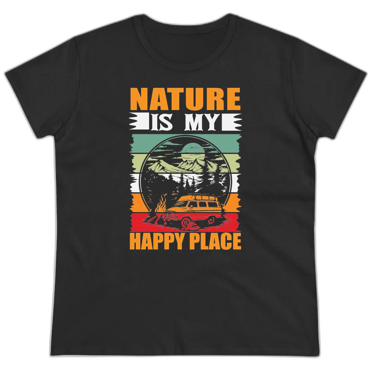 Vintage station wagon with campfire surrounded by layered mountains, forests, and sun in circular badge design with 'Nature Is My Happy Place' text in Black
