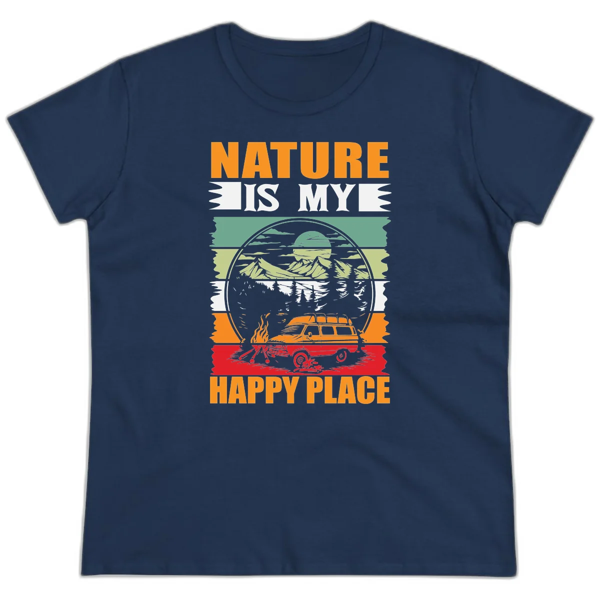 Vintage station wagon with campfire surrounded by layered mountains, forests, and sun in circular badge design with 'Nature Is My Happy Place' text in Navy