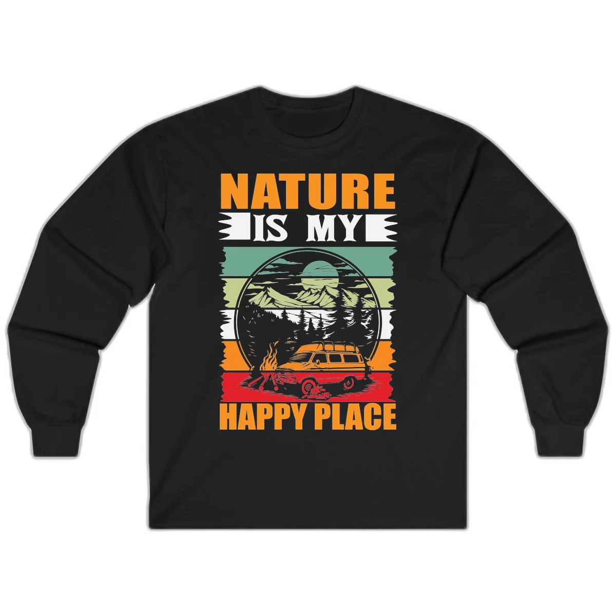 Vintage station wagon with campfire surrounded by layered mountains, forests, and sun in circular badge design with 'Nature Is My Happy Place' text in Black
