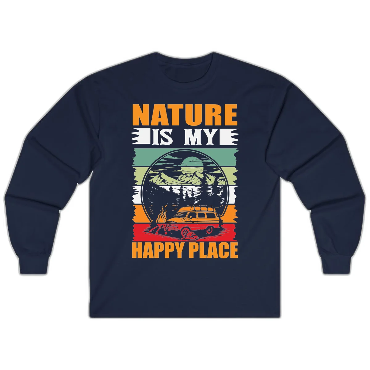 Vintage station wagon with campfire surrounded by layered mountains, forests, and sun in circular badge design with 'Nature Is My Happy Place' text in Navy