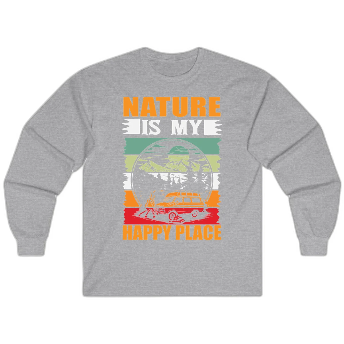 Vintage station wagon with campfire surrounded by layered mountains, forests, and sun in circular badge design with 'Nature Is My Happy Place' text in Sport Grey