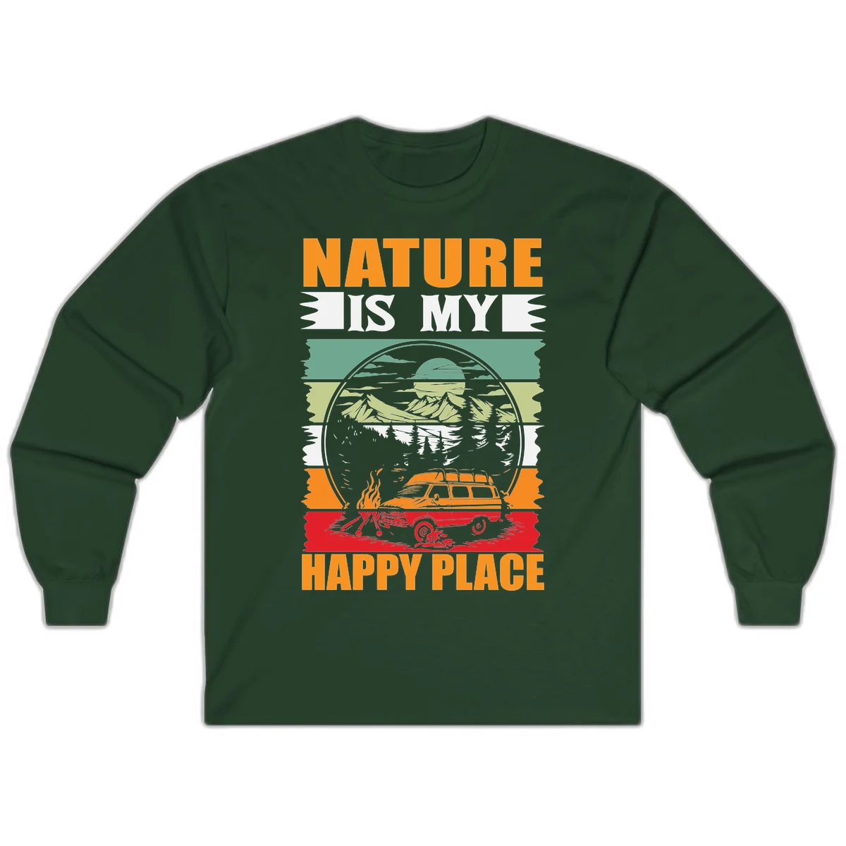 Vintage station wagon with campfire surrounded by layered mountains, forests, and sun in circular badge design with 'Nature Is My Happy Place' text in Forest Green