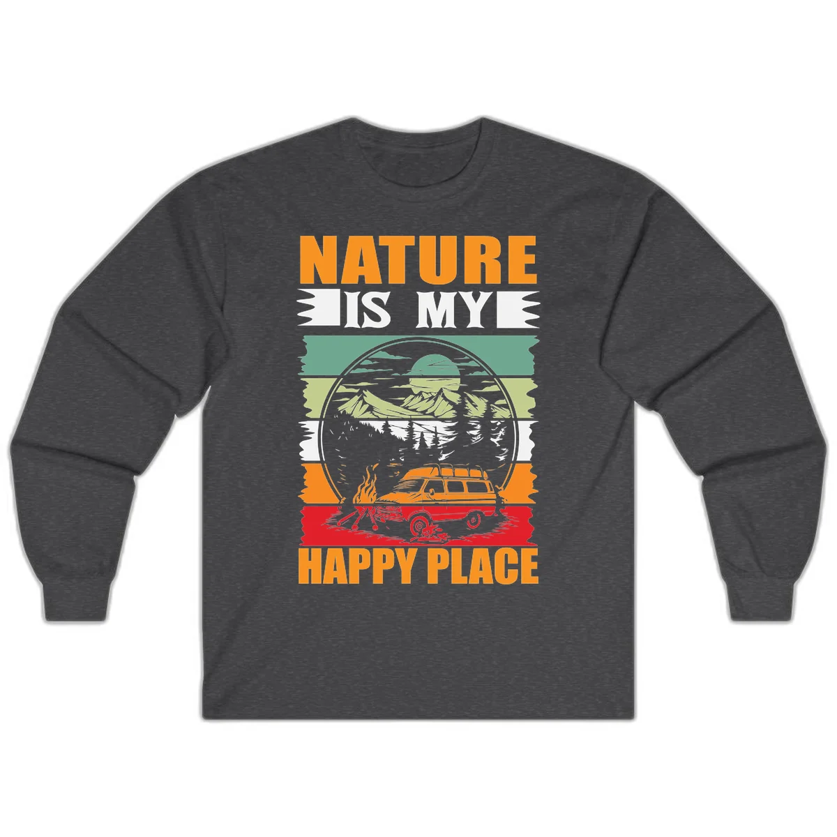 Vintage station wagon with campfire surrounded by layered mountains, forests, and sun in circular badge design with 'Nature Is My Happy Place' text in Dark Heather