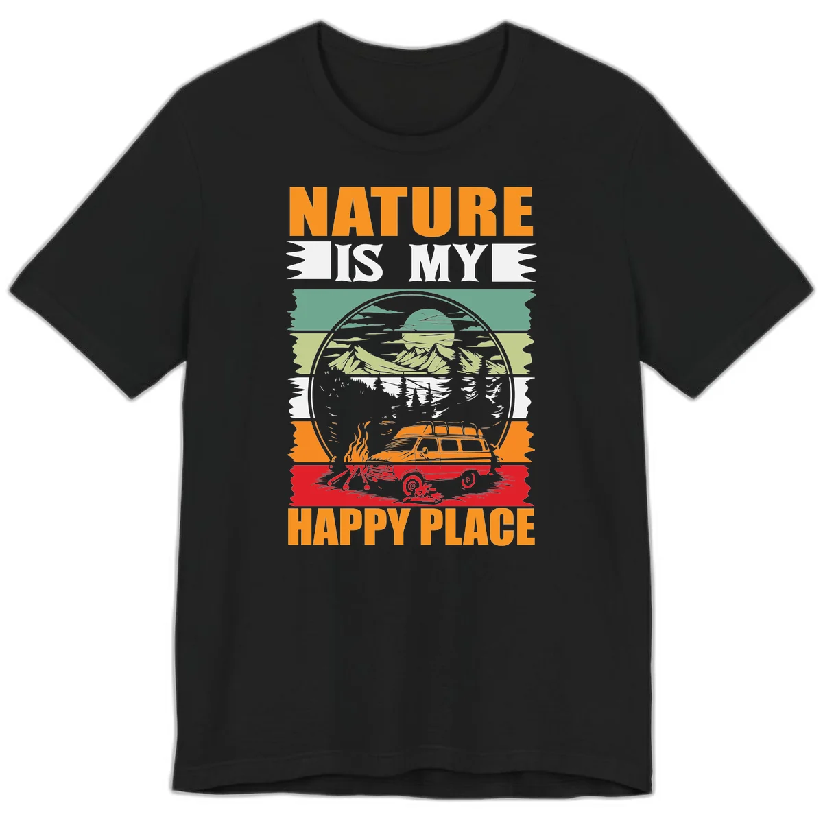 Vintage station wagon with campfire surrounded by layered mountains, forests, and sun in circular badge design with 'Nature Is My Happy Place' text in Black