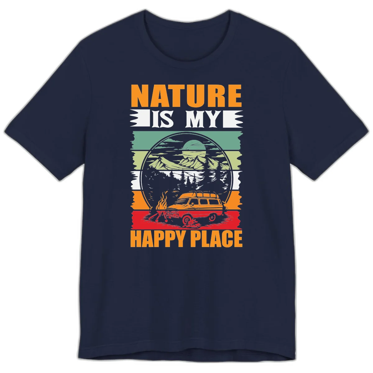 Vintage station wagon with campfire surrounded by layered mountains, forests, and sun in circular badge design with 'Nature Is My Happy Place' text in Navy