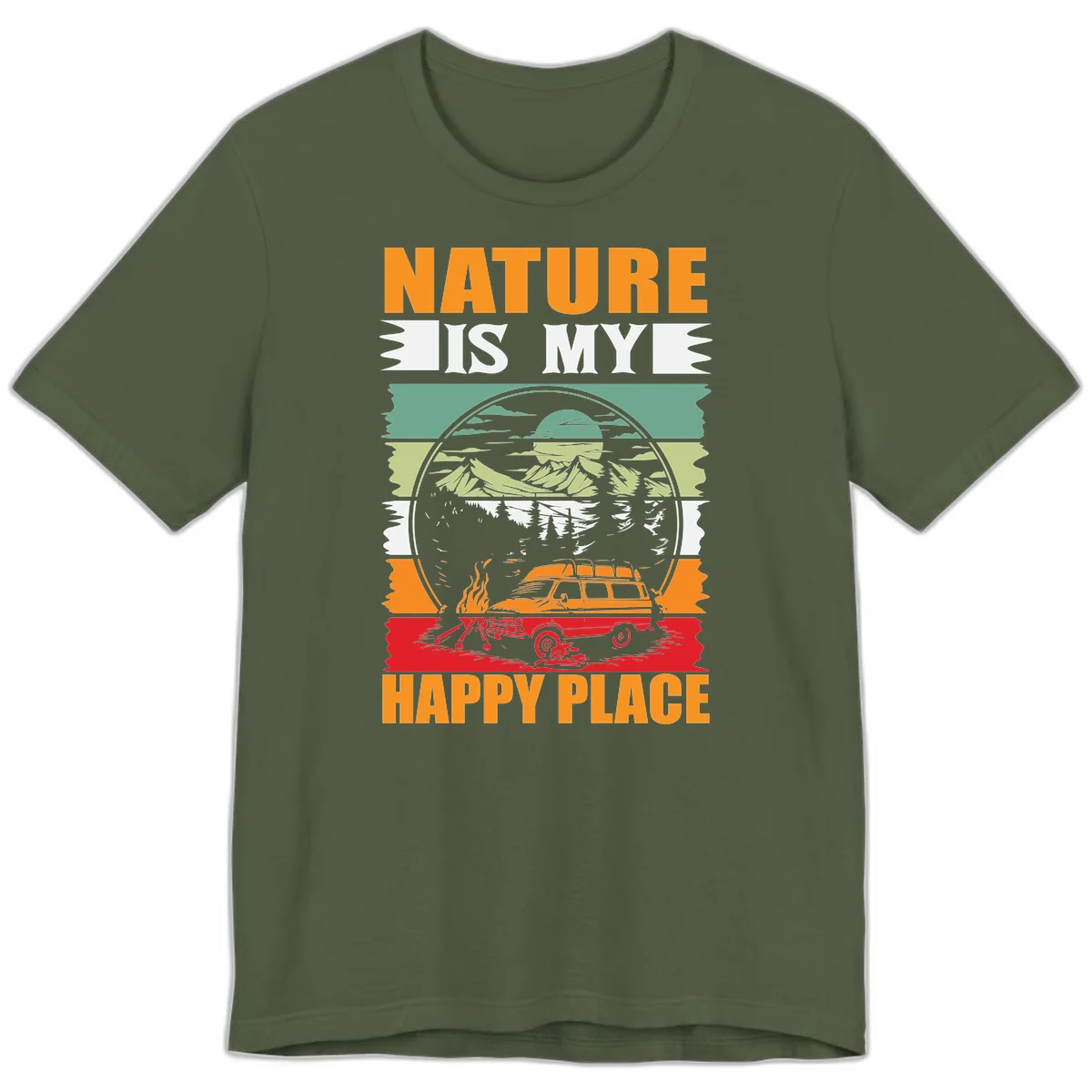 Vintage station wagon with campfire surrounded by layered mountains, forests, and sun in circular badge design with 'Nature Is My Happy Place' text in Military Green