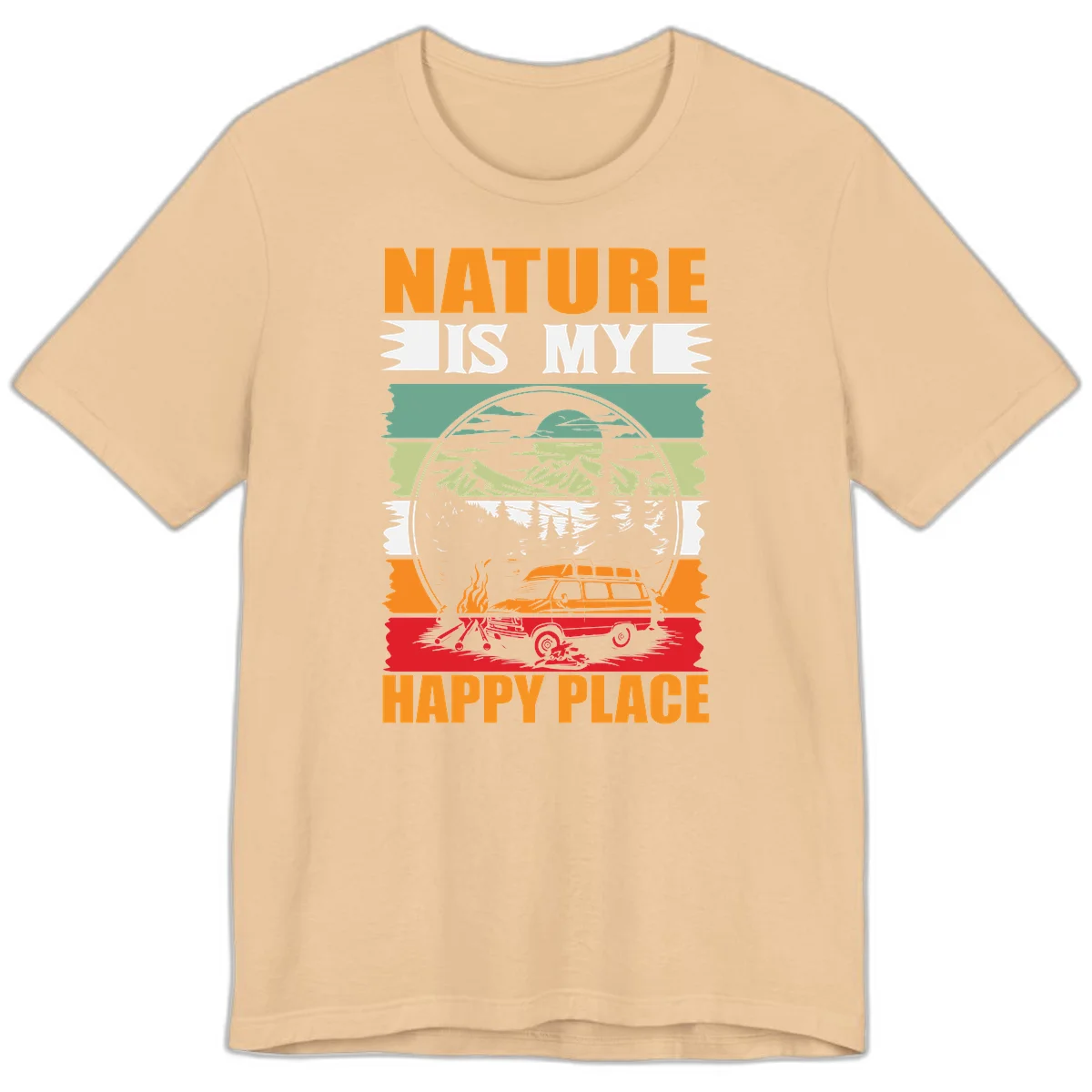 Vintage station wagon with campfire surrounded by layered mountains, forests, and sun in circular badge design with 'Nature Is My Happy Place' text in Sand Dune