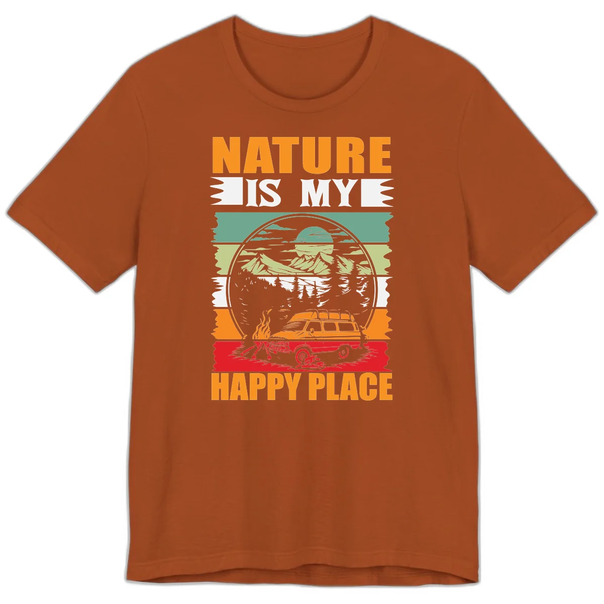Vintage station wagon with campfire surrounded by layered mountains, forests, and sun in circular badge design with 'Nature Is My Happy Place' text in Autumn