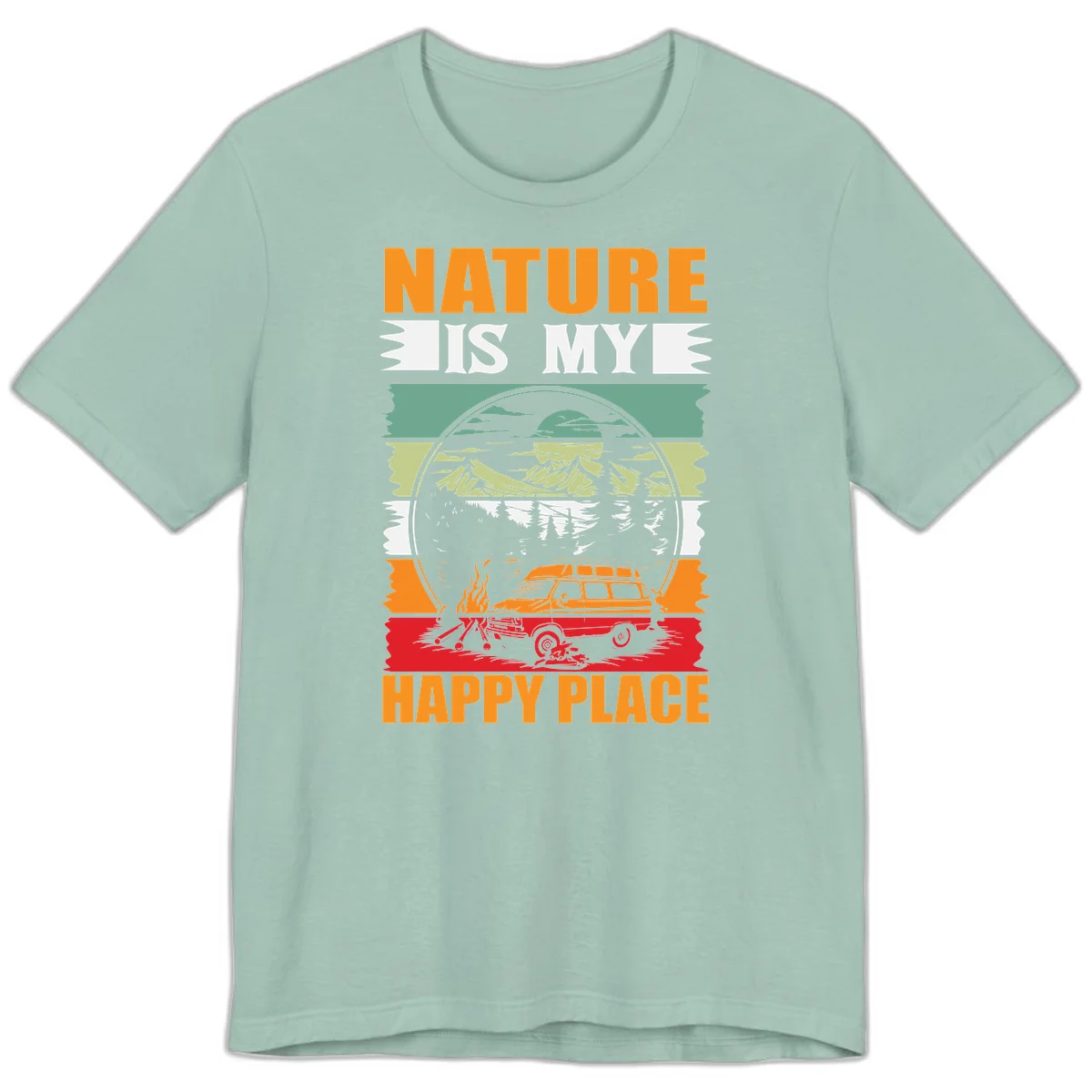 Vintage station wagon with campfire surrounded by layered mountains, forests, and sun in circular badge design with 'Nature Is My Happy Place' text in Dusty Blue