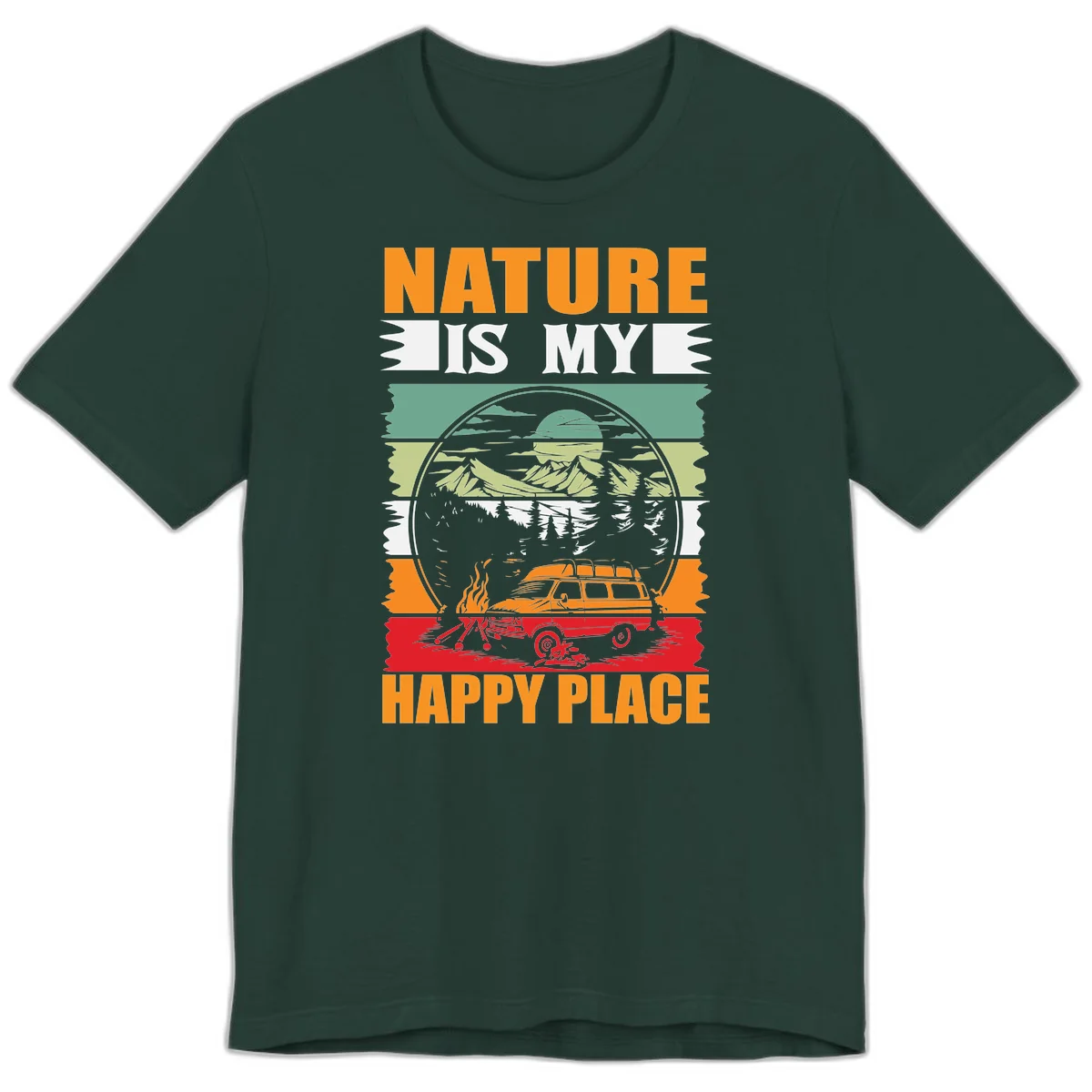 Vintage station wagon with campfire surrounded by layered mountains, forests, and sun in circular badge design with 'Nature Is My Happy Place' text in Forest