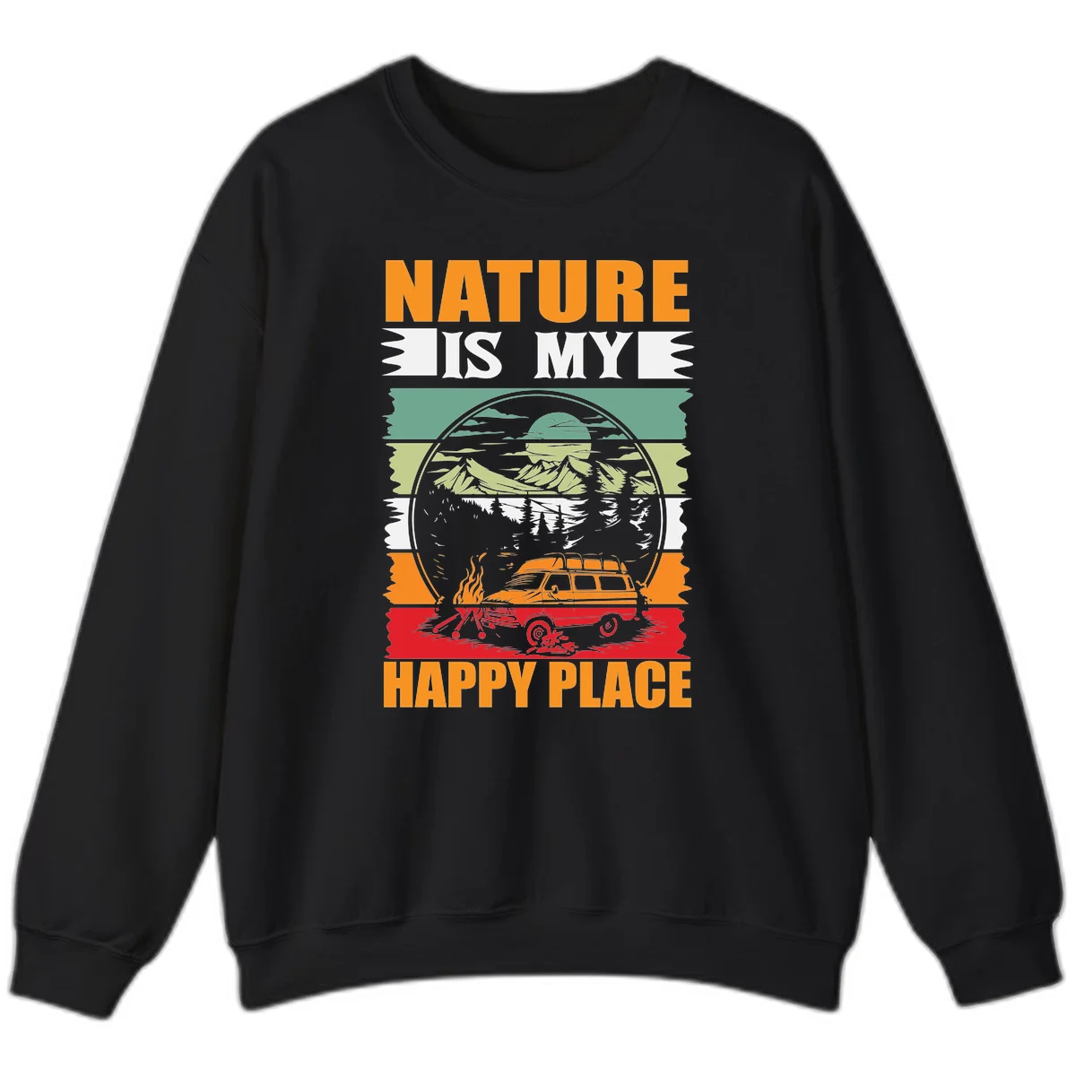Vintage station wagon with campfire surrounded by layered mountains, forests, and sun in circular badge design with 'Nature Is My Happy Place' text in Black