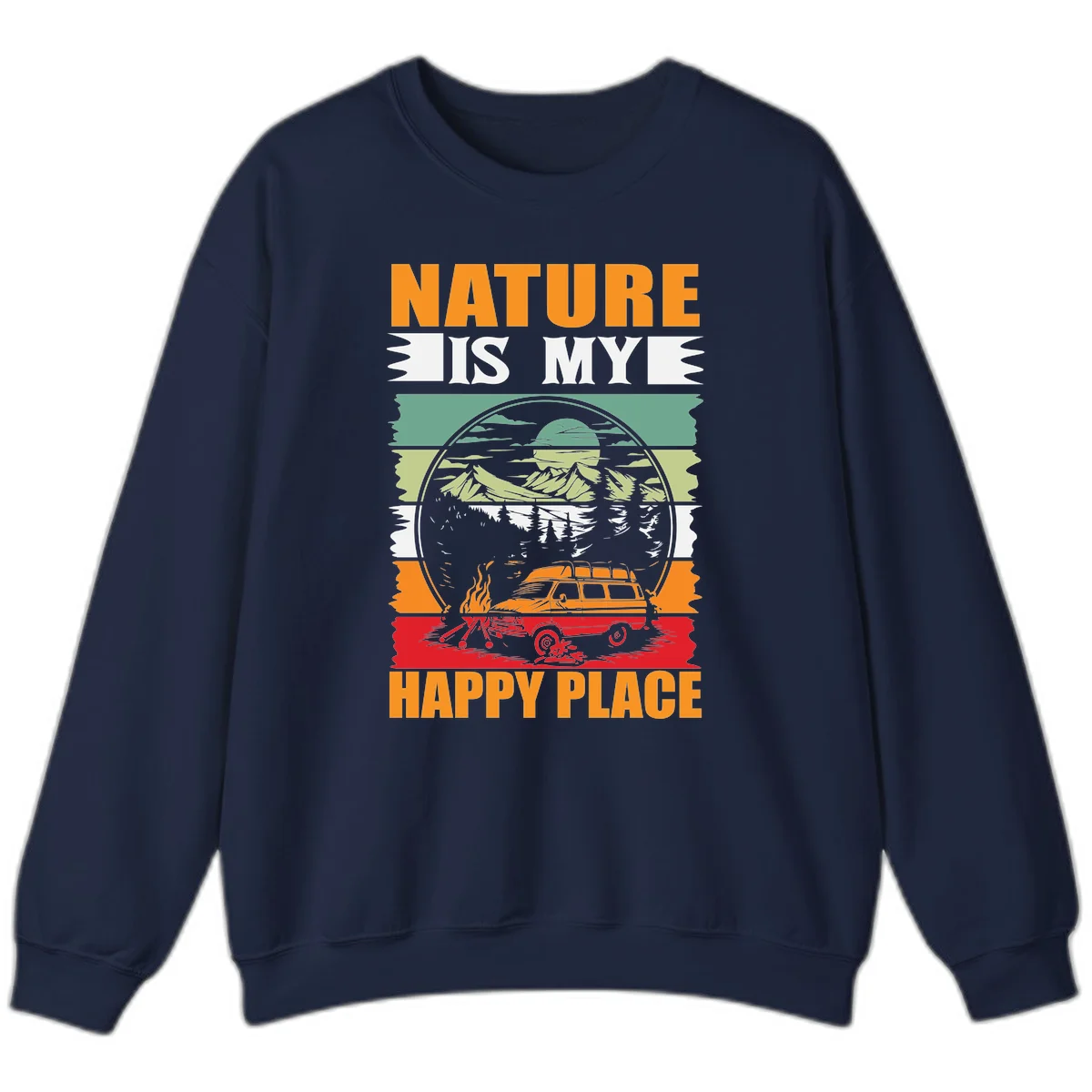 Vintage station wagon with campfire surrounded by layered mountains, forests, and sun in circular badge design with 'Nature Is My Happy Place' text in Navy