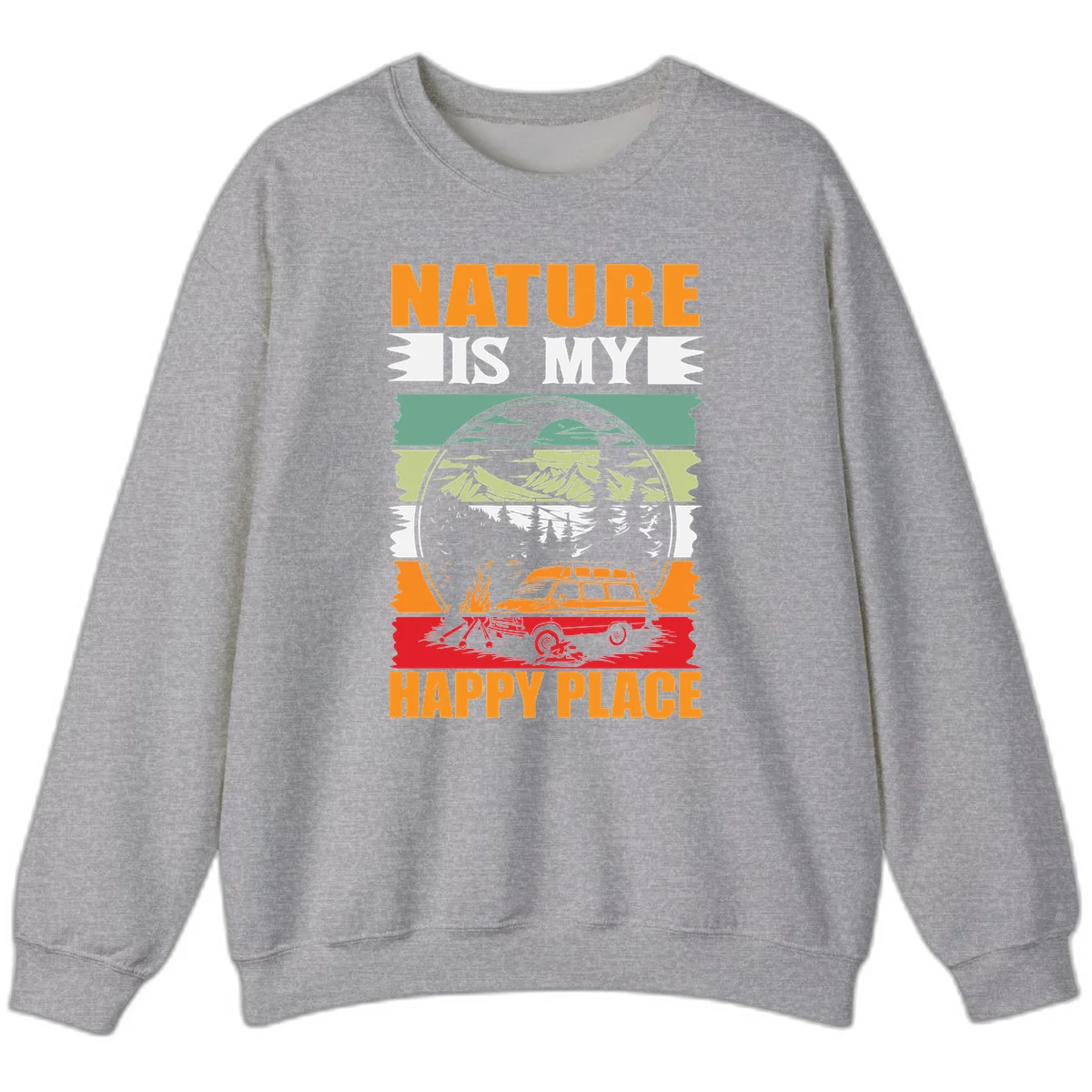 Vintage station wagon with campfire surrounded by layered mountains, forests, and sun in circular badge design with 'Nature Is My Happy Place' text in Sport Grey