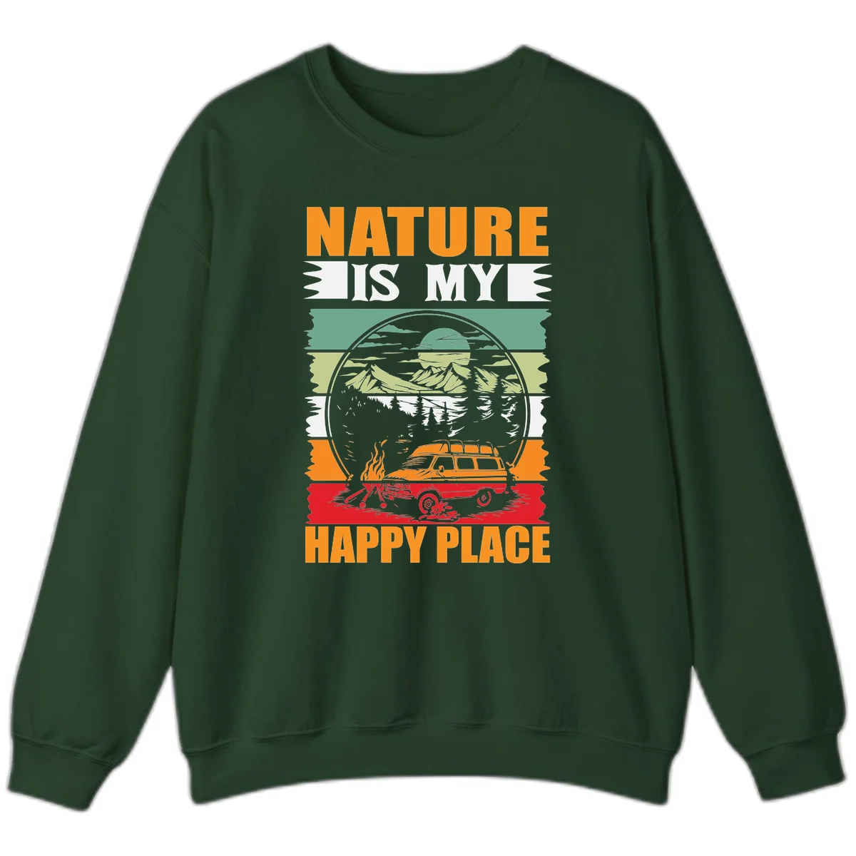 Vintage station wagon with campfire surrounded by layered mountains, forests, and sun in circular badge design with 'Nature Is My Happy Place' text in Forest Green
