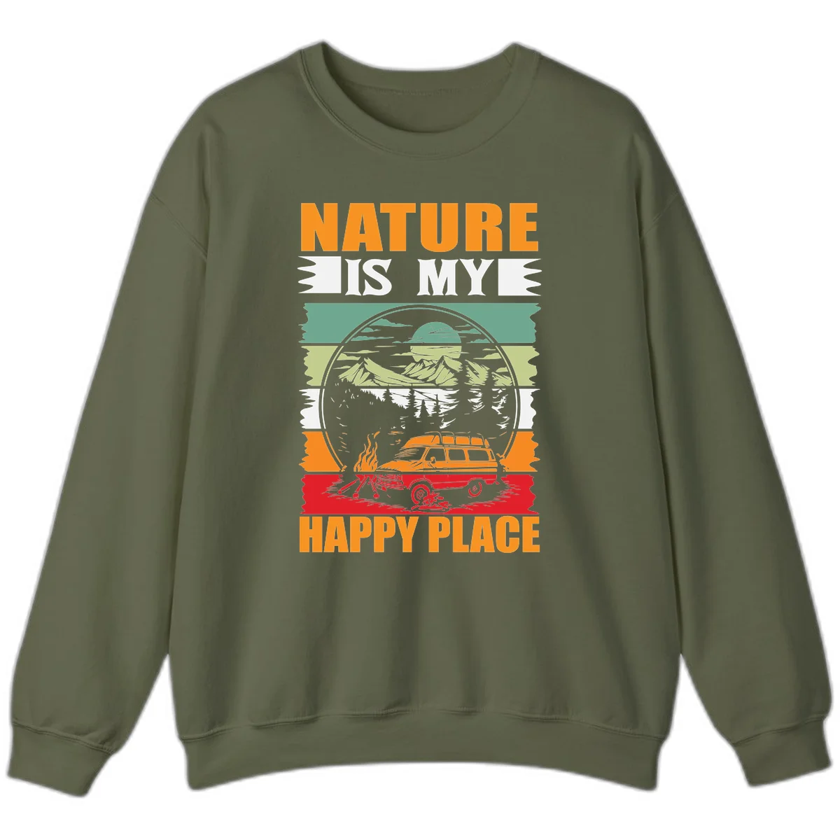Vintage station wagon with campfire surrounded by layered mountains, forests, and sun in circular badge design with 'Nature Is My Happy Place' text in Military Green