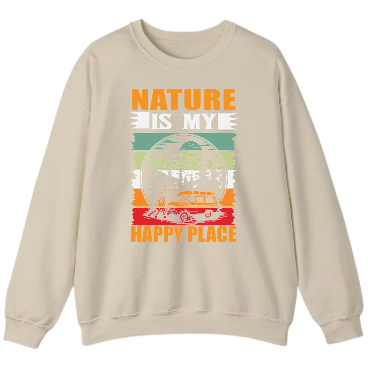 Vintage station wagon with campfire surrounded by layered mountains, forests, and sun in circular badge design with 'Nature Is My Happy Place' text in Sand