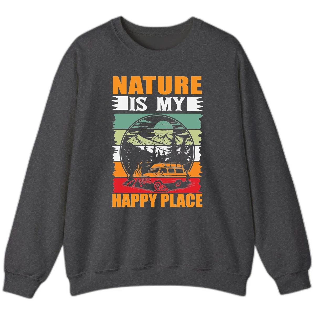 Vintage station wagon with campfire surrounded by layered mountains, forests, and sun in circular badge design with 'Nature Is My Happy Place' text in Dark Heather