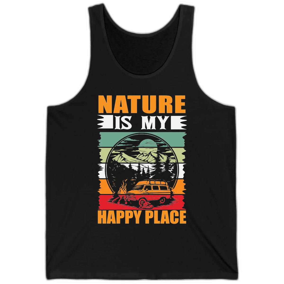 Vintage station wagon with campfire surrounded by layered mountains, forests, and sun in circular badge design with 'Nature Is My Happy Place' text in Black