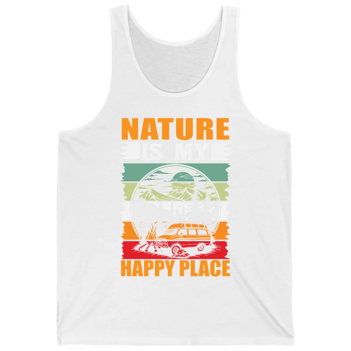 Vintage station wagon with campfire surrounded by layered mountains, forests, and sun in circular badge design with 'Nature Is My Happy Place' text in White
