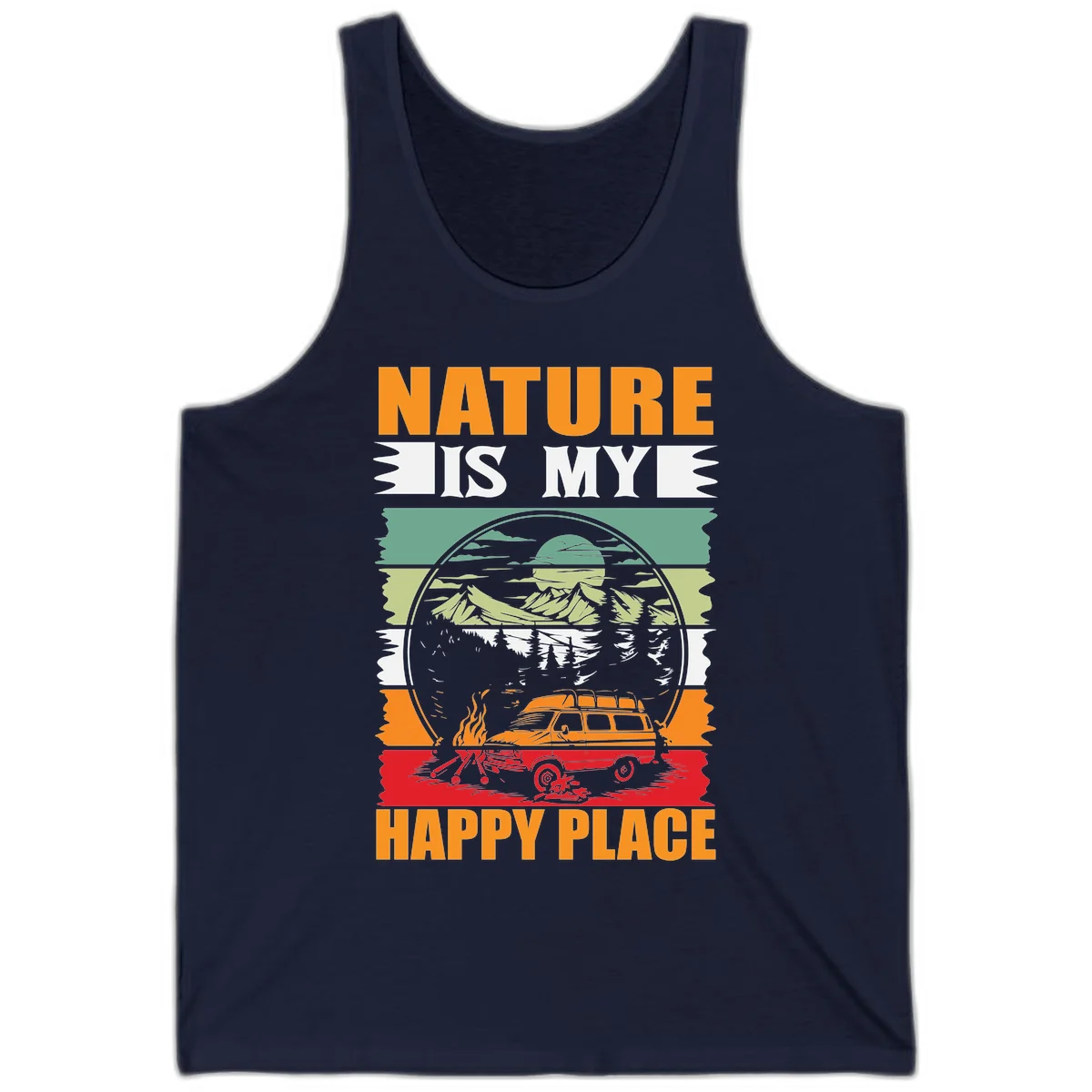 Vintage station wagon with campfire surrounded by layered mountains, forests, and sun in circular badge design with 'Nature Is My Happy Place' text in Navy