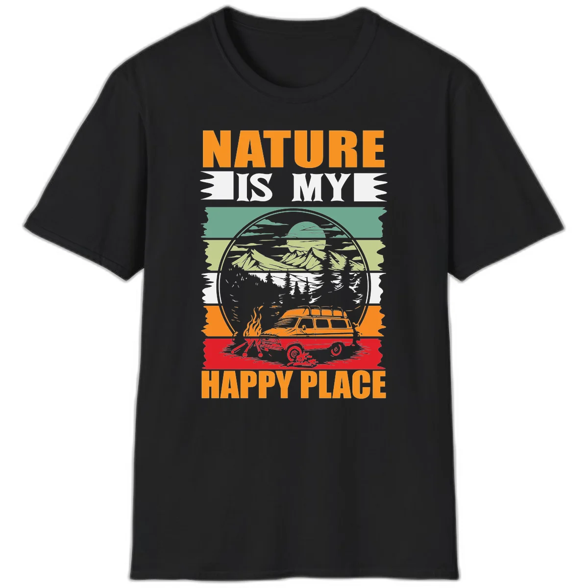 Vintage station wagon with campfire surrounded by layered mountains, forests, and sun in circular badge design with 'Nature Is My Happy Place' text in Black