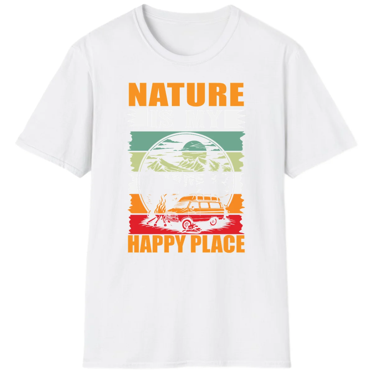 Vintage station wagon with campfire surrounded by layered mountains, forests, and sun in circular badge design with 'Nature Is My Happy Place' text in White