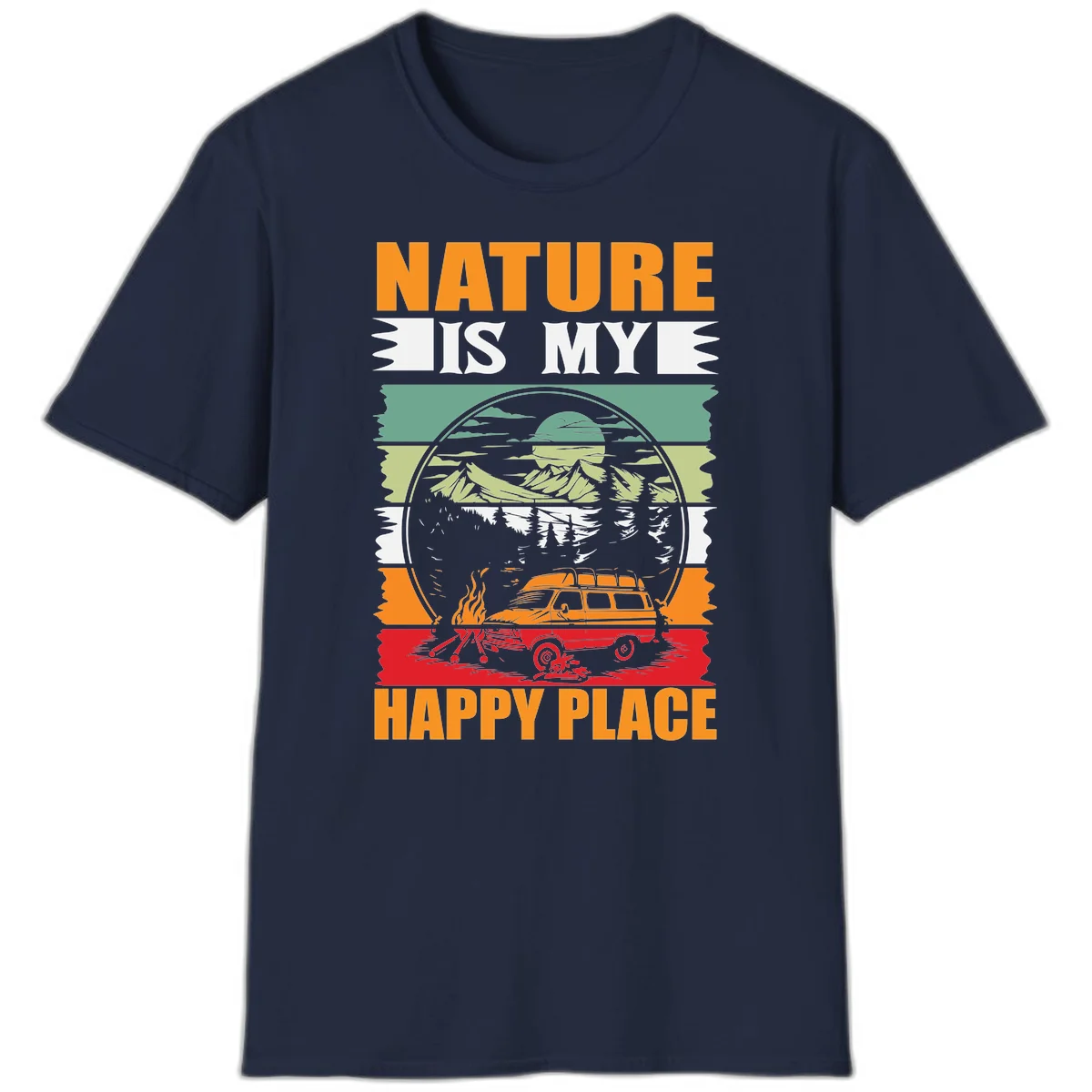 Vintage station wagon with campfire surrounded by layered mountains, forests, and sun in circular badge design with 'Nature Is My Happy Place' text in Navy