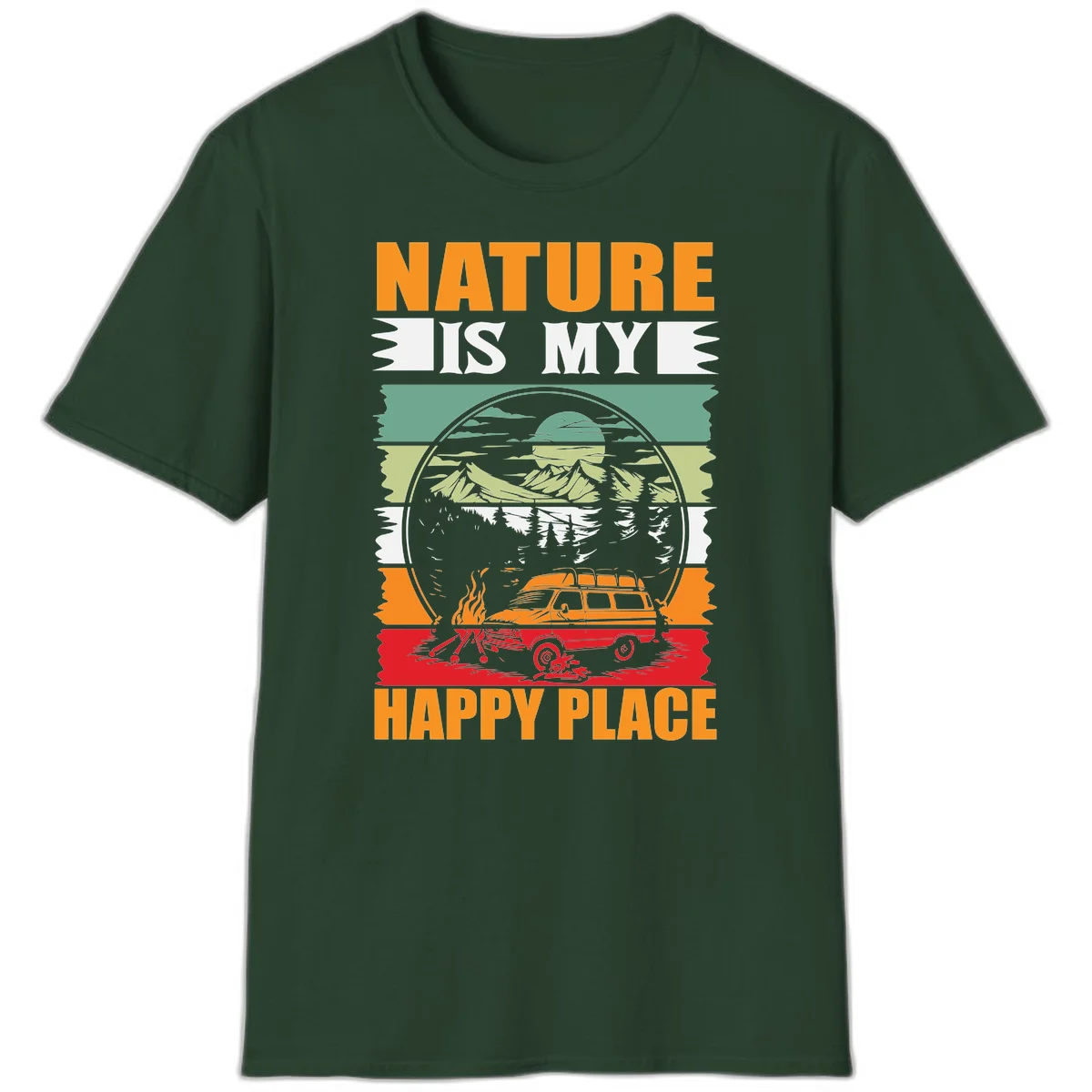 Vintage station wagon with campfire surrounded by layered mountains, forests, and sun in circular badge design with 'Nature Is My Happy Place' text in Forest Green