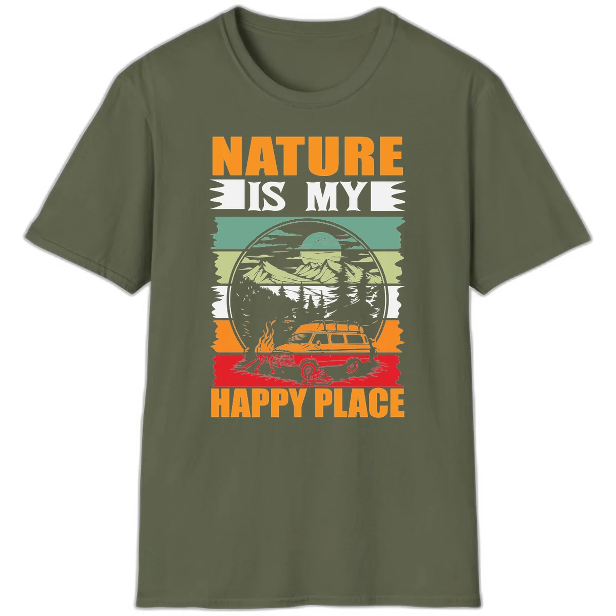 Vintage station wagon with campfire surrounded by layered mountains, forests, and sun in circular badge design with 'Nature Is My Happy Place' text in Military Green