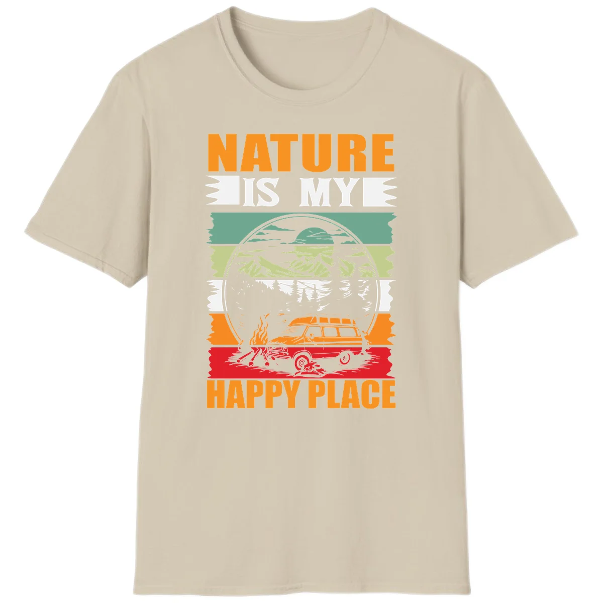 Vintage station wagon with campfire surrounded by layered mountains, forests, and sun in circular badge design with 'Nature Is My Happy Place' text in Sand