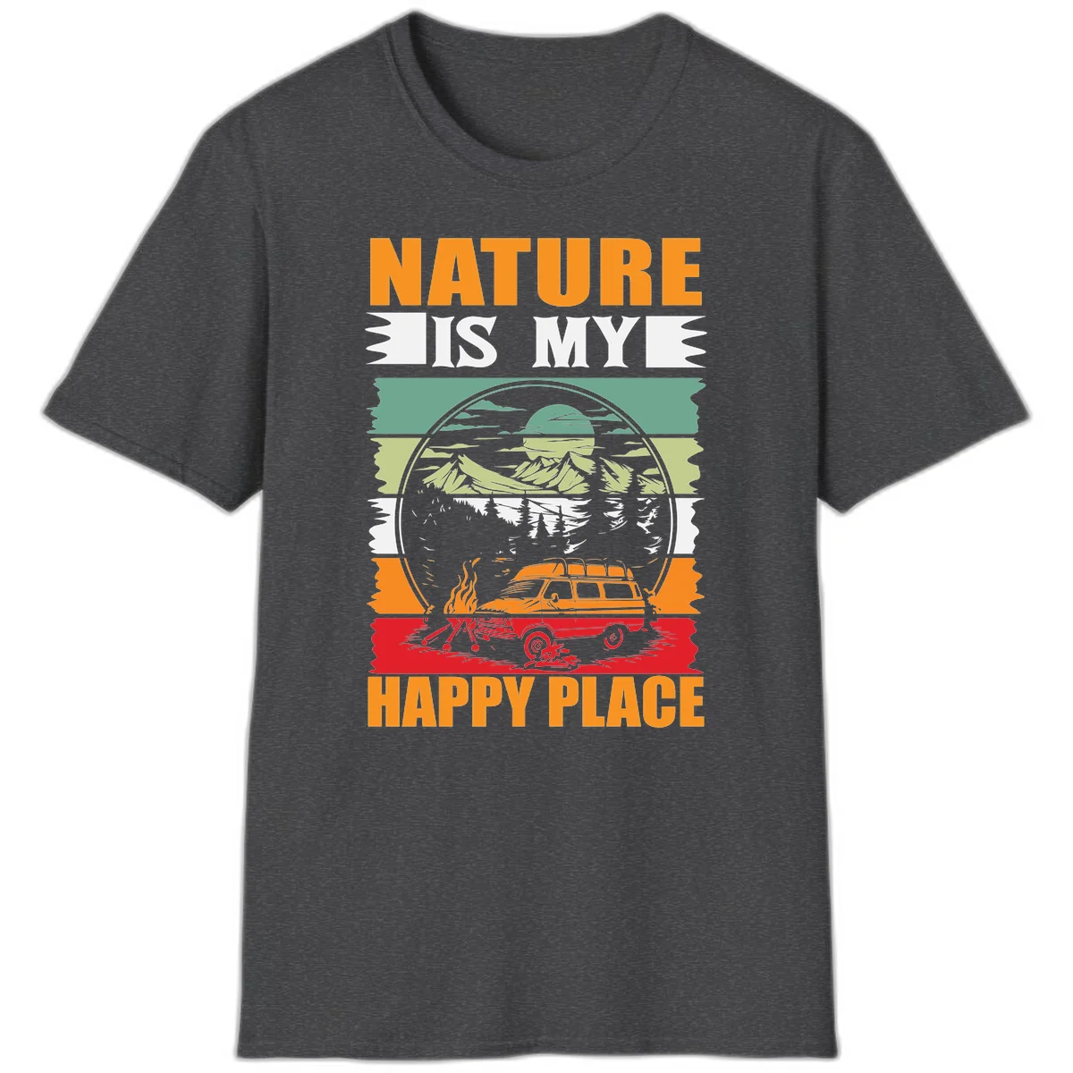 Vintage station wagon with campfire surrounded by layered mountains, forests, and sun in circular badge design with 'Nature Is My Happy Place' text in Dark Heather