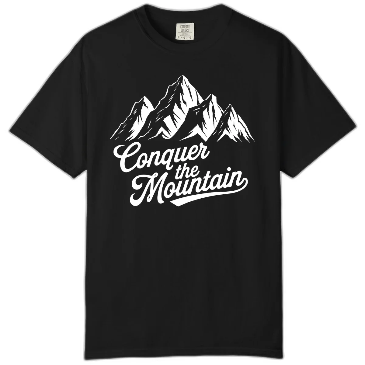 Vintage-style illustration of snow-capped mountain peaks with 'Conquer the Mountain' text in cursive script in Black