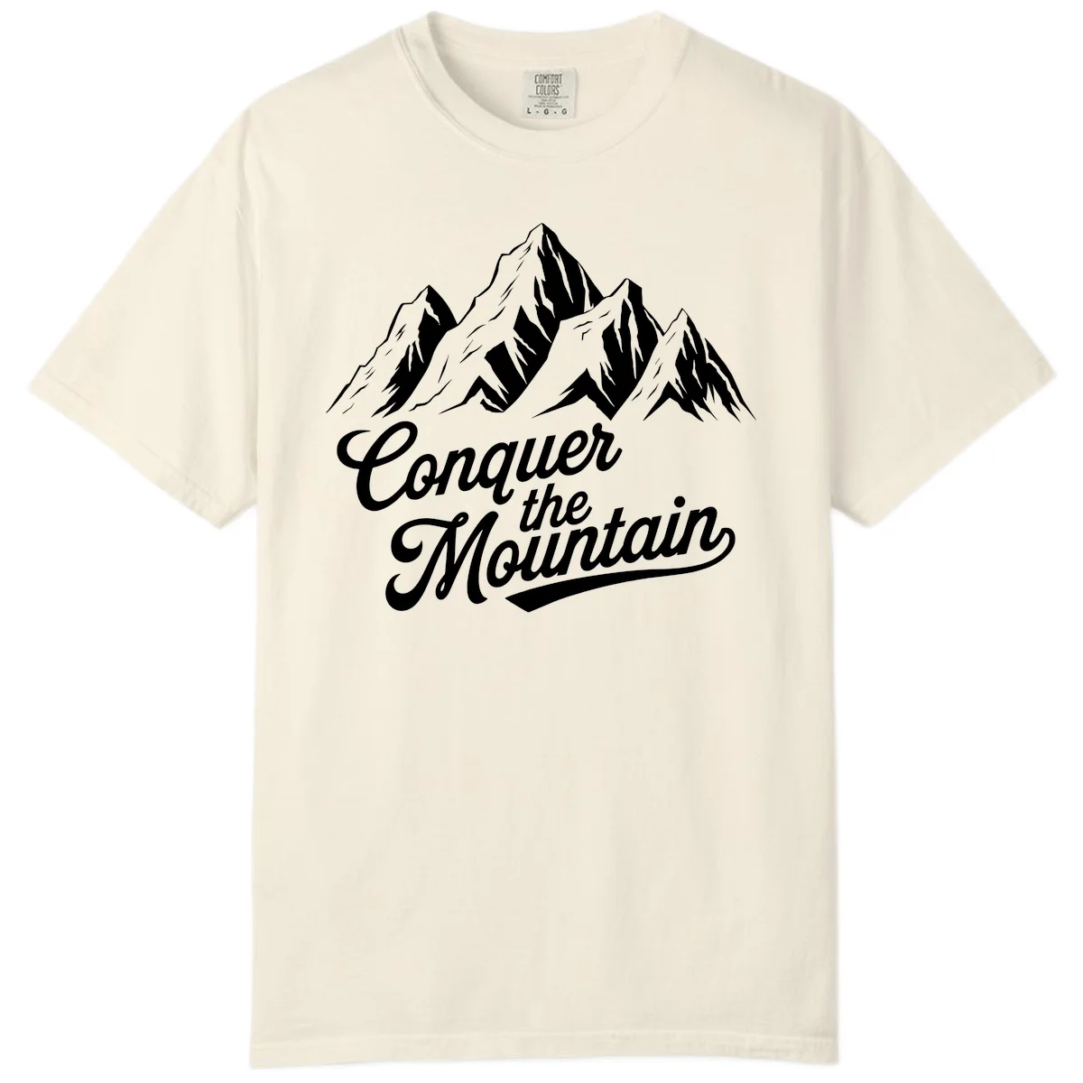 Vintage-style illustration of snow-capped mountain peaks with 'Conquer the Mountain' text in cursive script in Ivory