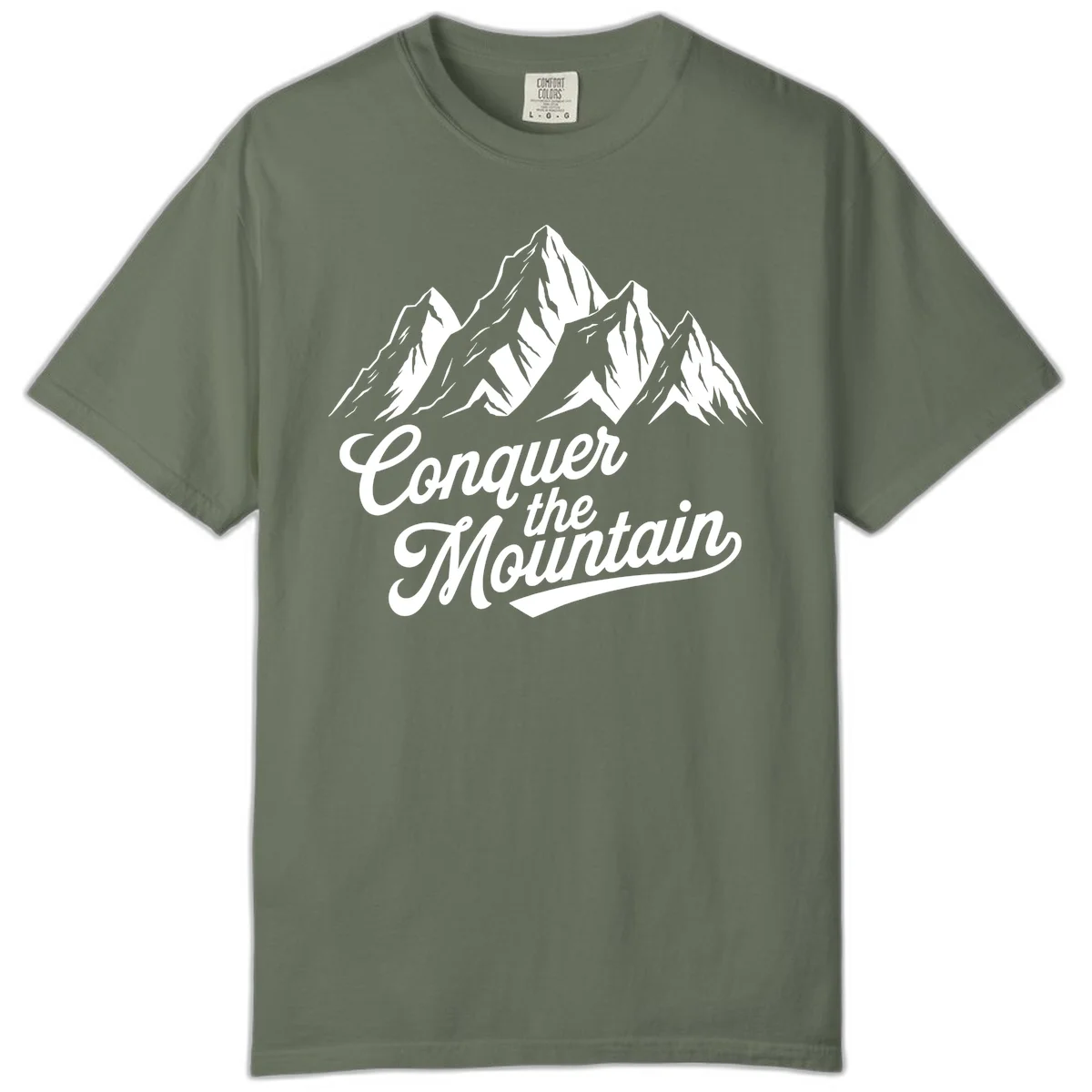 Vintage-style illustration of snow-capped mountain peaks with 'Conquer the Mountain' text in cursive script in Moss