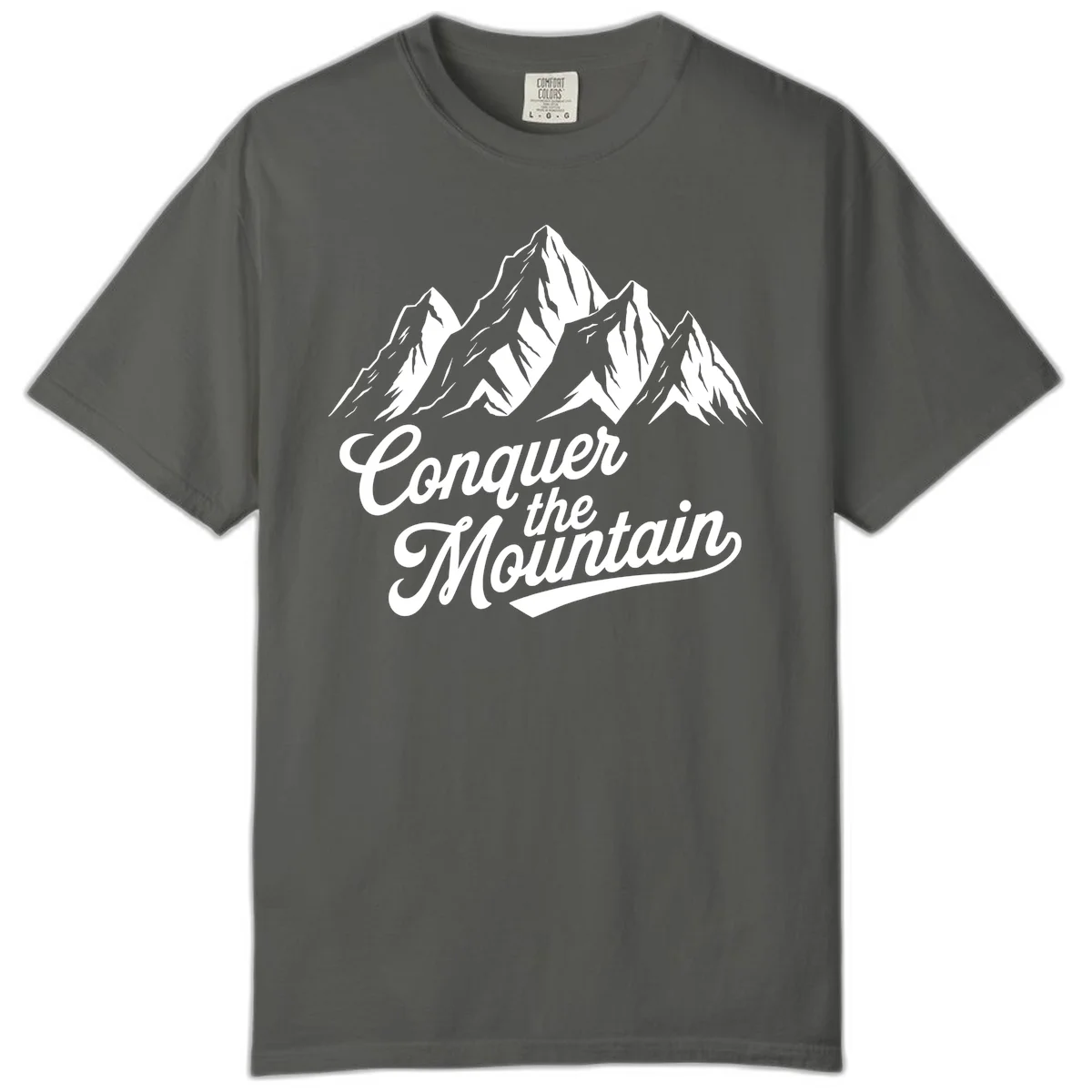 Vintage-style illustration of snow-capped mountain peaks with 'Conquer the Mountain' text in cursive script in Pepper