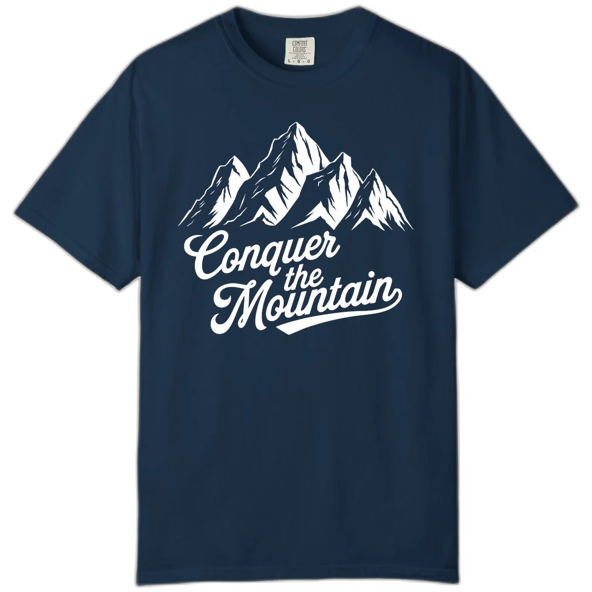 Vintage-style illustration of snow-capped mountain peaks with 'Conquer the Mountain' text in cursive script in True Navy